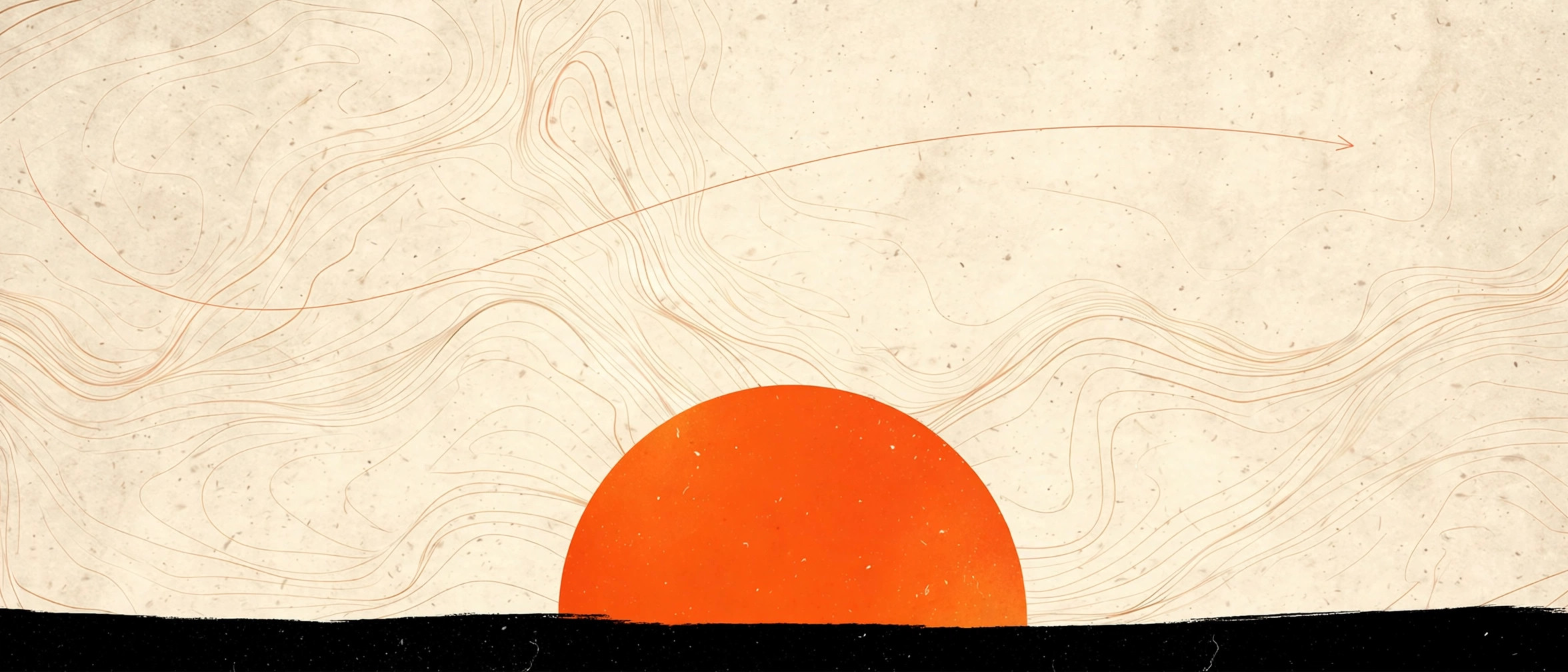 Abstract daybreak brand artwork for Uptime Ventures — a rising ember-orange sun over a dark horizon